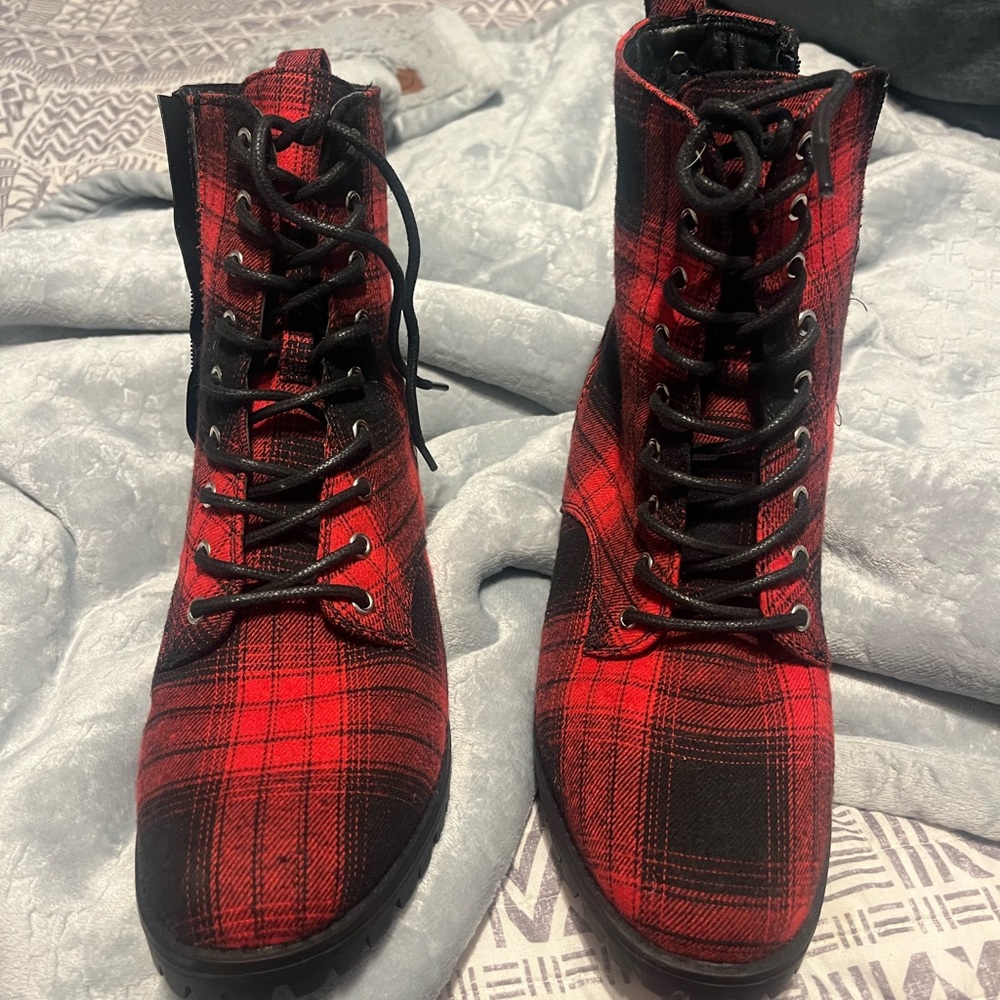 Red and black plaid boots